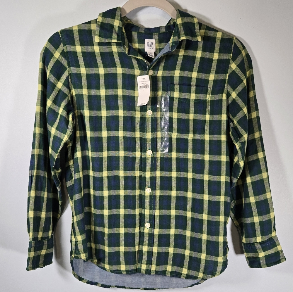 NWT GAP Kids Green Plaid Button Up‎ Shirt Size L Boys Classic Long Sleeve